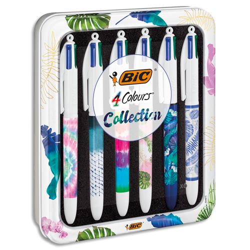 [450865] BIC Boîte métal de 6 stylos bille 4 Couleurs rétractable. Pointe Moy. 6 décors Tie&Die. Encre classique