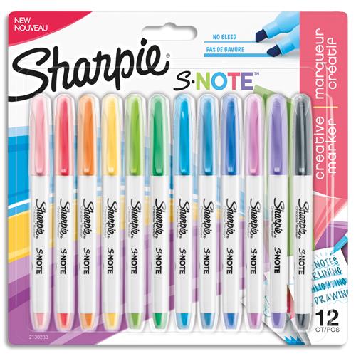 [451018] SHARPIE Pochette de 12 marqueurs permanents SHARPIE S-Note pointe biseautée. Coloris assortis pastel