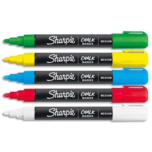 [451023] SHARPIE Blister de 5 marqueurs SHARPIE Chalk White, pointe ogive moyenne. Coloris assortis