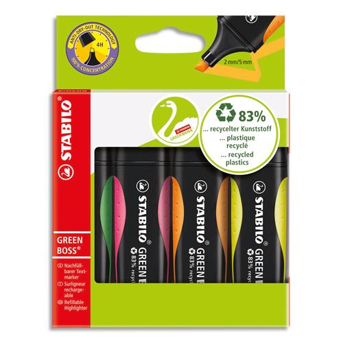 [602909] STABILO GREEN BOSS surligneur pointe biseautée - Etui de 4 surligneurs fluo - Jaune/Vert/Orange/Rose