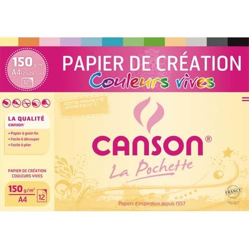 [211526] CANSON Pochette 12 feuilles papier couleur CREATION 150g 21x29,7cm. Assortiment de couleurs vives