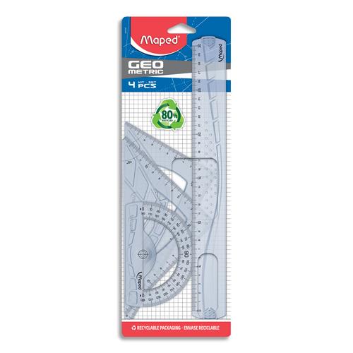 [600292] MAPED Kit traçage 4 pièces GEOMETRIC : 1 règle 30 cm + 1 équerre 45° + 1 équerre 60° + 1 rapporteur 180°