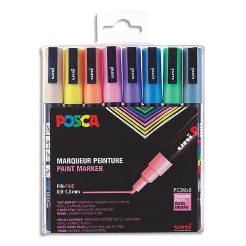 [102413] POSCA Pochette de 8 marqueurs peinture. Pointe fine de 0,9 à 1,8 mm (PC3M). Couleurs assorties