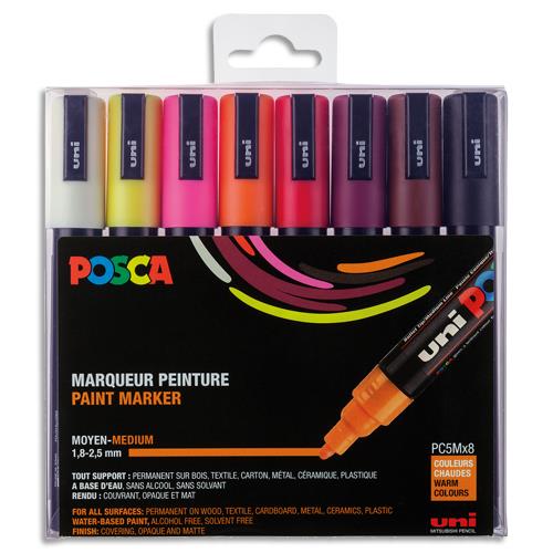 [102693] POSCA Pochette de 8 marqueurs peinture. Pointe moyenne de 1,8 à 2,5mm (PC5M). Couleurs assorties