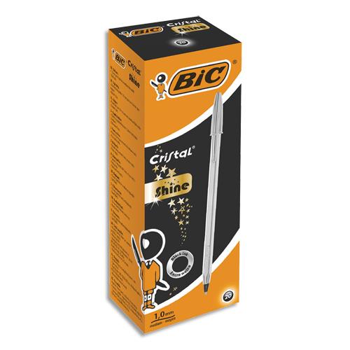 [134485] BIC Stylo bille Cristal Original Shine. Pointe Moyenne (1,0 mm) - Encre Noire et Corps Argent