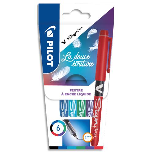 [155573] PILOT Pochette de 6 V-SIGNPEN encre assorties : Noire, Bleue, Rouge, Verte, Turquoise, Violette