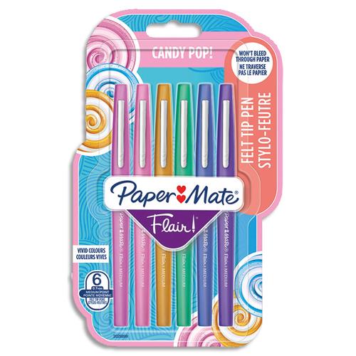 [380364] PAPERMATE Blister de 6 stylos feutres Flair Candy Pop. Framboise, Fraise, Caramel, Vert, Bleu, Raisin