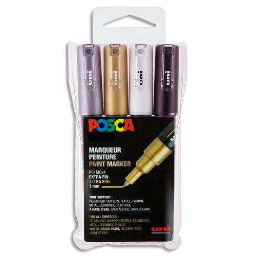 [382859] POSCA Pochette de 4 marqueurs peint. Pointe extra fine de 0,7 à 1 mm (PC1MC). Or, argent, blc, noir