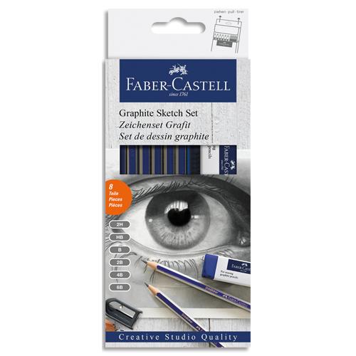 [388993] FABER CASTELL Set de dessin crayon graphite comprenant 6 crayons, un taille-crayon et une gomme