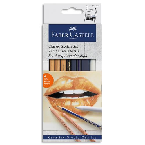 [388995] FABER CASTELL Set d'esquisse classique crayon graphique, sangine, pitt sepia et estompe
