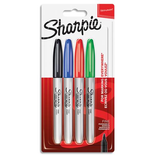 [429443] SHARPIE Blister de 4 marqueurs Sharpie Fine assortis standard (Noir, Bleu, Rouge, Vert).Pointe ogive fine