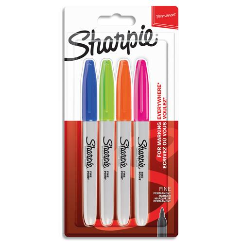 [429444] SHARPIE Blister de 4 marqueurs Sharpie Fine assortis fun (Orange, Lime, Turquoise, Magenta). Pte fine