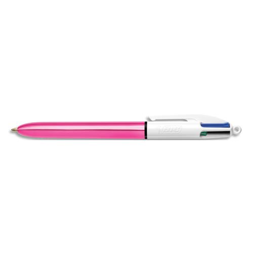 [432089] BIC Stylo bille 4 couleurs rétractable Shine. Pointe Moyenne (1,0 mm) - Corps Métallisé Rose