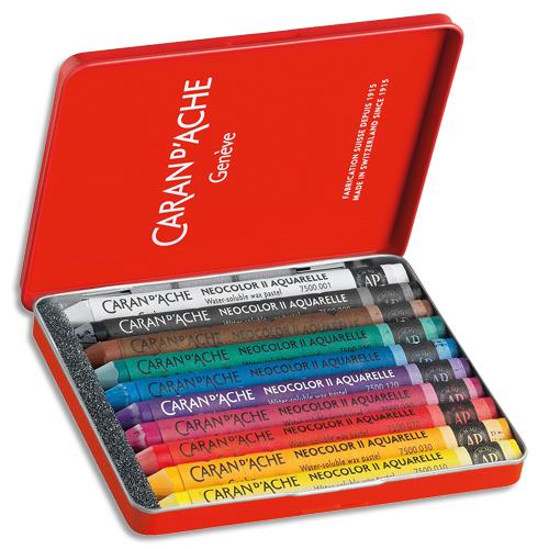 [437320] CARAN D'ACHE Boîte métal de 10 couleurs assorties Pastel à la cire aquarellable CLASSIC NEOCOLOR II