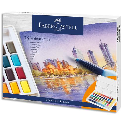 [445031] FABER CASTELL Boîte de 36 Demi godets Aquarelle. Palette détachable. Pinceau à eau forurni.