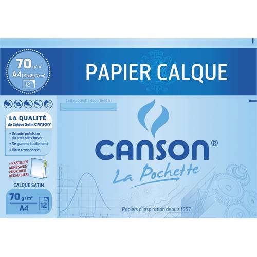 [217879] CANSON Pochette de 12 feuilles papier calque satin 70g format A4 livrée avec pastilles repositionnables.