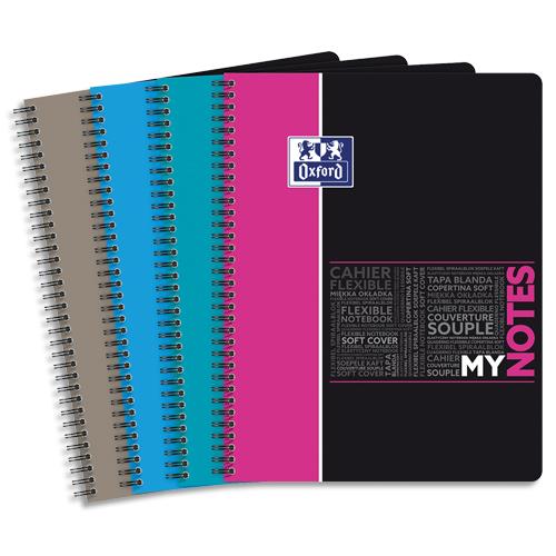 [451627] OXFORD Cahier MyNotes spirale 160 pages 90g couverture polypropylène Seyès format A4+. Coloris assortis
