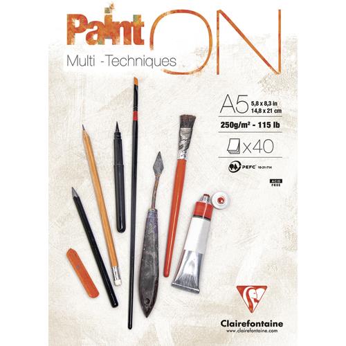 [454228] CLAIREFONTAINE Bloc PaintON encollé A5 40F 250g. Multi-technique