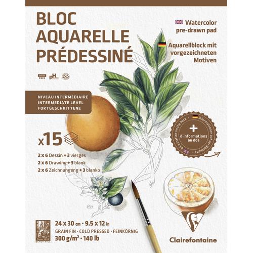 [454271] CLAIREFONTAINE Bloc prédessiné BOTANIQUE 15F (2Fx6 designs) 300g 24x30cm