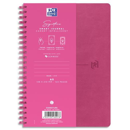 [457936] OXFORD Carnet SIGNATURE format A5 couverture souple à spirale 160 pages lignées 7mm. Coloris fuchsia