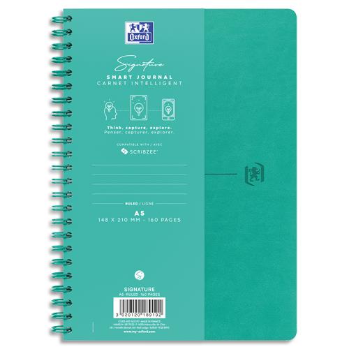 [457941] OXFORD Carnet SIGNATURE format A5 couverture souple à spirale 160 pages lignées 7mm. Coloris turquoise