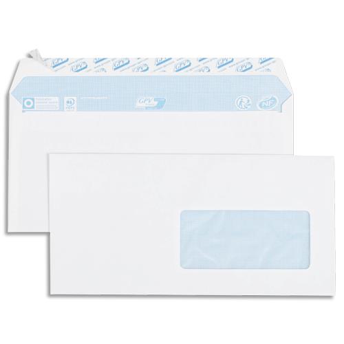 [458238] GPV Boîte de 500 enveloppes vélin Blanc 80g DL 110x220mm auto-adhésives avec fenêtre 45x100mm