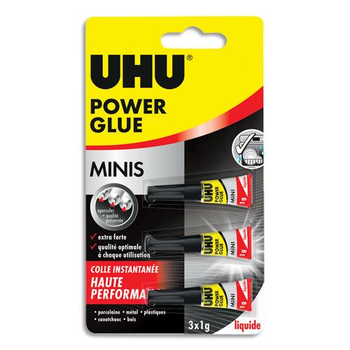 [458332] UHU Colle Power Glue liquide Mini de 3x1gr. Idéal pour petites zones. Colle support solide et flexible