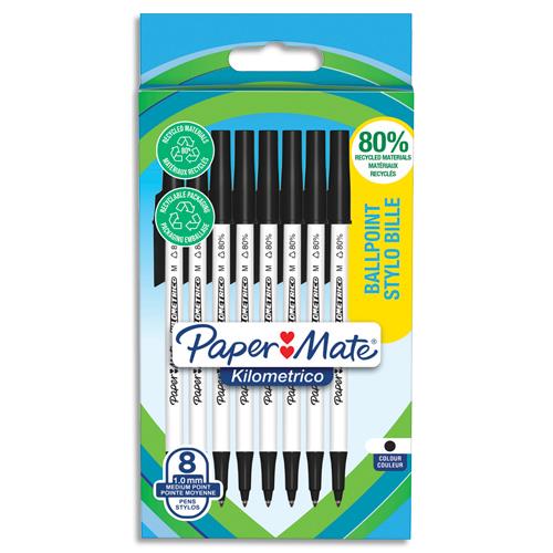 [458530] PAPERMATE Sachet de 8 stylos à bille KILOMETRICO™ à capuchon, recyclé à 80%. Pointe moyenne 1.0 mm - noir