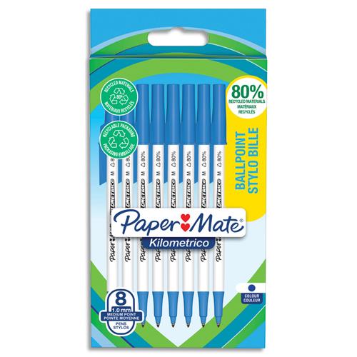 [458531] PAPERMATE Sachet de 8 stylos à bille KILOMETRICO™ à capuchon, recyclé à 80%. Pointe moyenne 1.0 mm - bleu