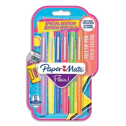 [458537] PAPERMATE Blister de 6 feutres d'écriture Flair™ Original, pointe moyenne 0,7 mm Retro 90's assortis