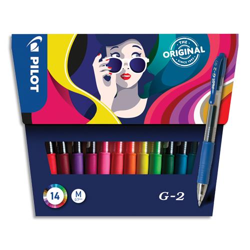[458584] PILOT Pochette de 14 rollers à encre gel G-2. Pointe moyenne. Couleurs assorties
