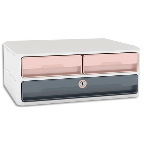 [458655] CEP Module MoovUp Secure 2 petits tiroirs + 1 grand tiroir. Caisson Blanc, tiroirs Rose poudré /Gris