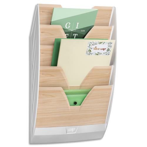 [458657] CEP Présentoir mural 154 SILVA 5 cases. Dimensions (l x h x p) : 35 x 58 x 12,2 cm. Blanc/Hêtre