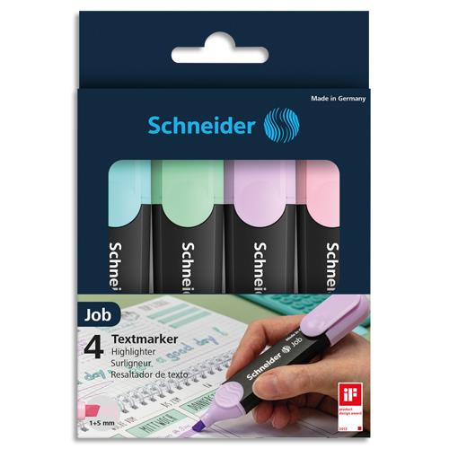 [458825] SCHNEIDER Pochette de 4 surligneurs Job pointe biseautée. Tracé de 1 à 5 mm. Couleurs assorties