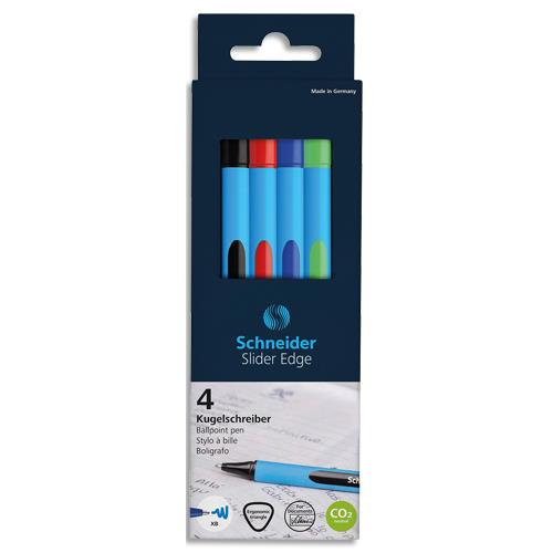 [458835] SCHNEIDER Pochette de 4 Stylos bille SLIDER EDGE à capuchon, pointe large, encres assorties