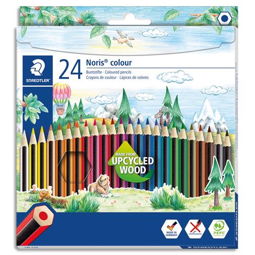 [458882] STAEDTLER Etui de 24 crayons de couleur Noris 185. Fabriqué en bois upcycle. Corps hexagonal. Assortis