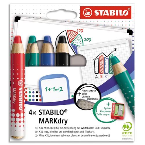 [458999] STABILO Pochette de 4 marqueurs bois MARKdry tableaux blanc. Effaçable à sec surfaces lisses non poreuses