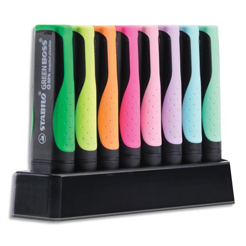 [459005] STABILO Set de bureau de 8 surligneurs GREEN BOSS. Pointe biseautée. Encre à base d'eau. Assortis Pastel