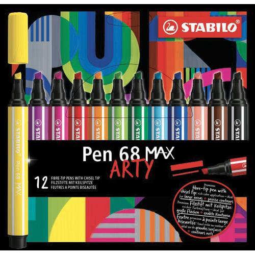 [459012] STABILO Etui carton de 12 feutres Pen 68 MAX ARTY. Pointe large biseautée. Coloris assortis