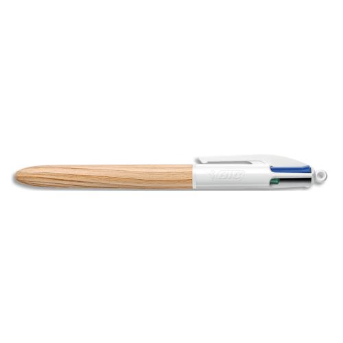 [459016] BIC Stylo bille 4 couleurs rétractable Wood. Pointe Moyenne (1,0 mm) - Corps effet matière naturel bois