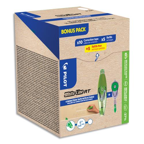 [459086] PILOT ECOPACK de 10 correcteurs WHITELINE + 10 recharges dont 5 offertes. Rétractable/écologique. Begreen