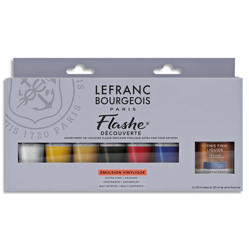 [459147] LEFRANC BOURGEOIS Coffret 6 tubes peinture vinylique extra fine ''Flashe'' + vernis liquide mat 120ml