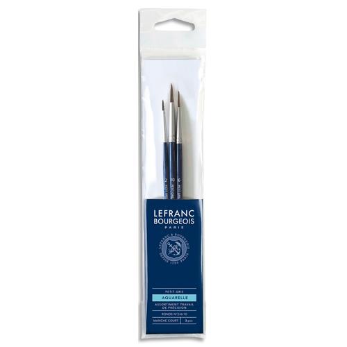 [459154] LEFRANC BOURGEOIS Set de 3 pinceaux pour aquarelle petit gris pur. 2/6/10 manche court. Poils naturels
