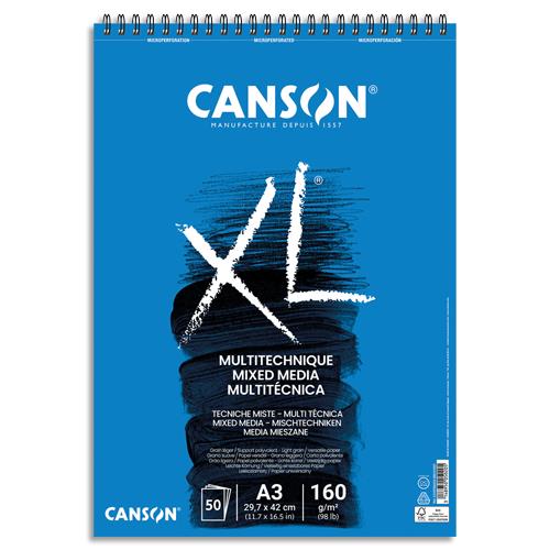 [459194] CANSON Bloc 50 feuilles de dessin XL MIXED MEDIA, A3 160 grammes, spirale sur le petit côté