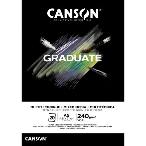 [459206] CANSON Bloc de 20 feuilles GRADUATE MIXED MEDIA. Format A5, 240 grammes. Papier lisse noir profond. Collé