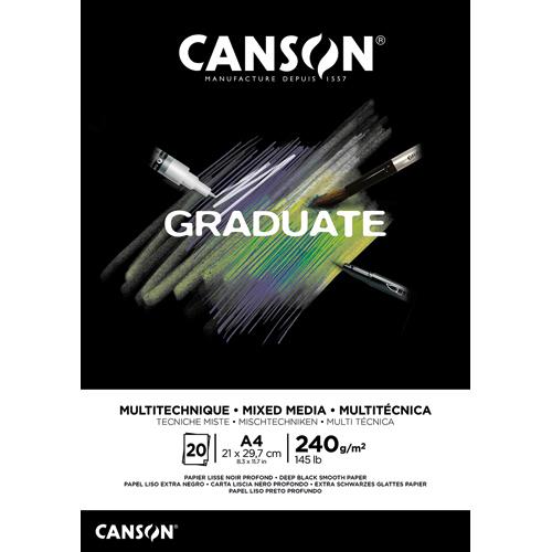 [459207] CANSON Bloc de 20 feuilles GRADUATE MIXED MEDIA. Format A4, 240 grammes. Papier lisse noir profond. Collé