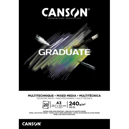 [459208] CANSON Bloc de 20 feuilles GRADUATE MIXED MEDIA. Format A3, 240 grammes. Papier lisse noir profond. Collé