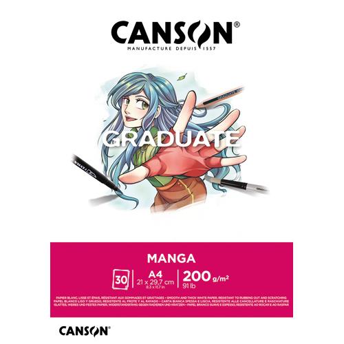 [459209] CANSON Bloc de 30 feuilles GRADUATE Manga. A4, 200gr. Blanc, lisse et résistant aux gommages et grattages