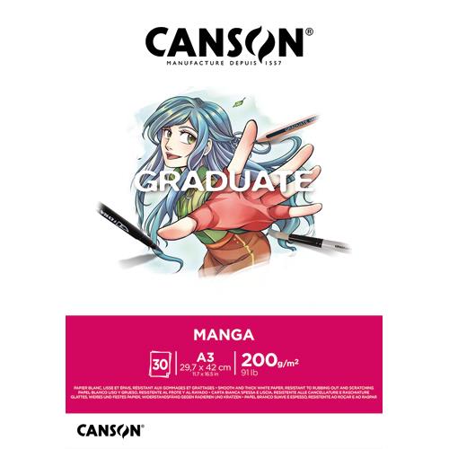 [459210] CANSON Bloc de 30 feuilles GRADUATE Manga. A3, 200gr. Blanc, lisse et résistant aux gommages et grattages
