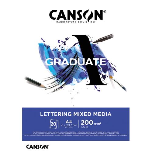 [459213] CANSON Bloc 20 feuilles GRADUATE LETTERING MIXED MEDIA. A4, 200gr. Blanc naturel. Surface soyeuse